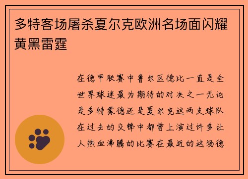 多特客场屠杀夏尔克欧洲名场面闪耀黄黑雷霆