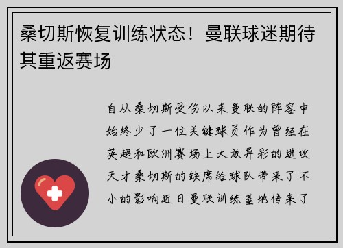 桑切斯恢复训练状态！曼联球迷期待其重返赛场